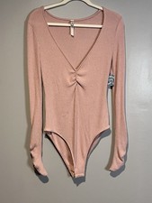 NWT Intimately Free People Rib Knit Bodysuit Lrg V-Neck Cozy Up Pink Salt READ