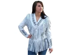 Women Western White Leather Fringe Jacket Boho Cowgirl Rodeo Outfit