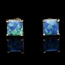 Blue Simulated Opal 14K Yellow Gold Square Push-Back Solitaire Stud Earrings 7mm