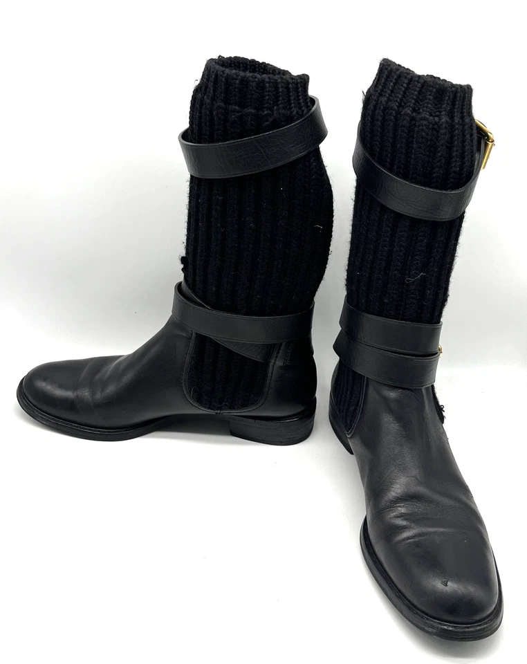 Bota de motociclista Gucci de cuero negro/tejido grueso con hebilla dorada logotipo GG a mitad de la pantorrilla talla 39,5 Foto 3 de 4