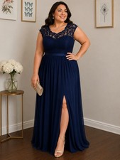 David  s Bridal Navy Lace Chiffon Formal Gown Size 18 NWT Front Slit Boning