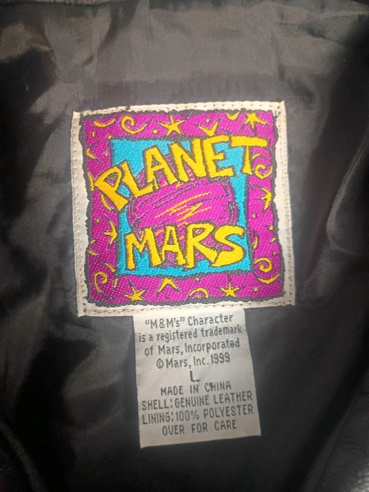 Chaqueta de cuero crujiente M&M’s 1999 vintage Planet Mars negro azul rayas talla L Foto 3 de 4