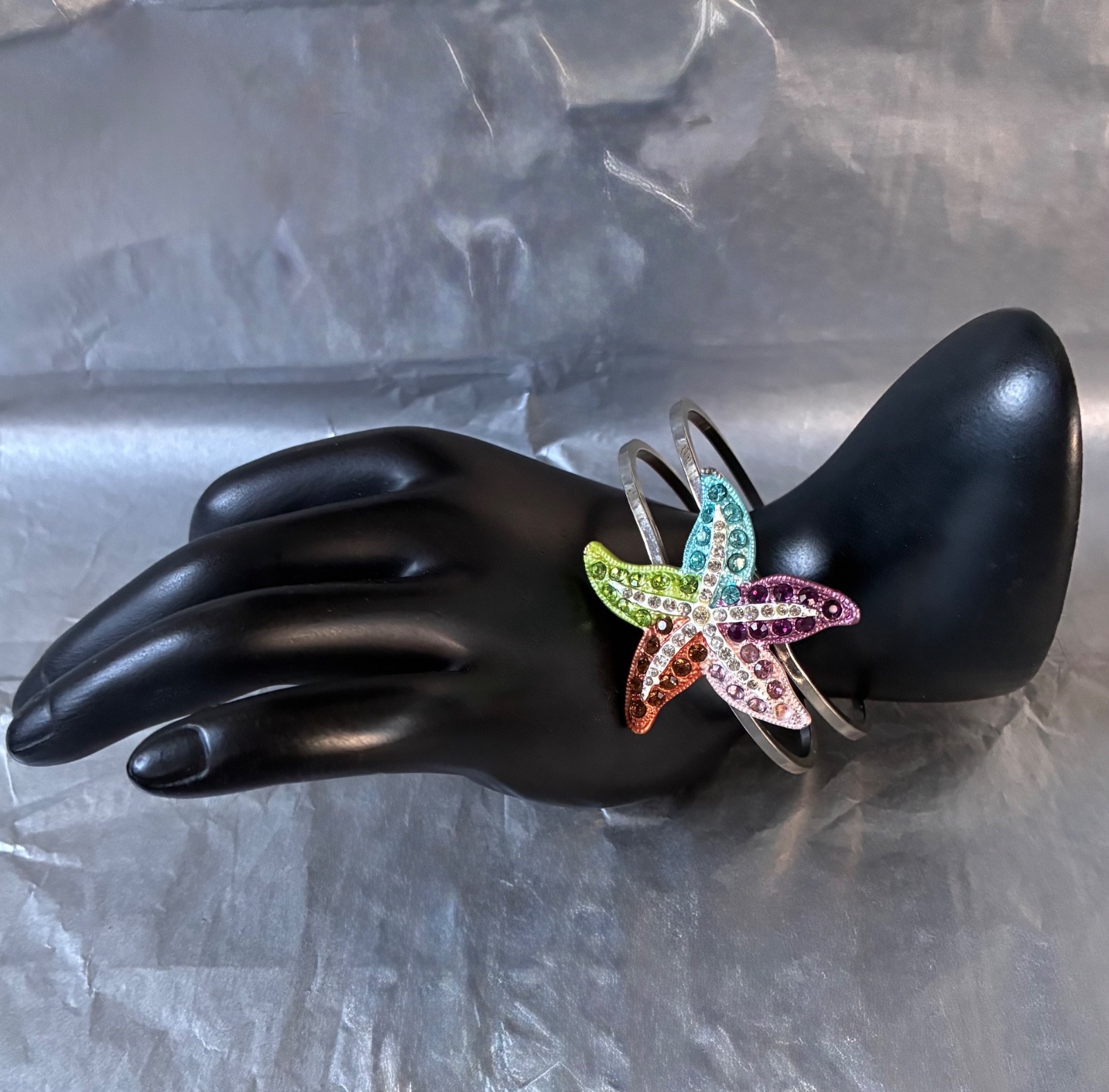 Multicolored Rhinestone Starfish Cuff Bracelet Oc… - image 2