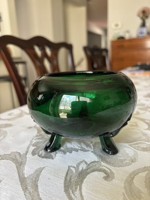 Viking Glass Evergreen Flowerlite Footed Bowl No Flower Frog Bohemian Glass EX