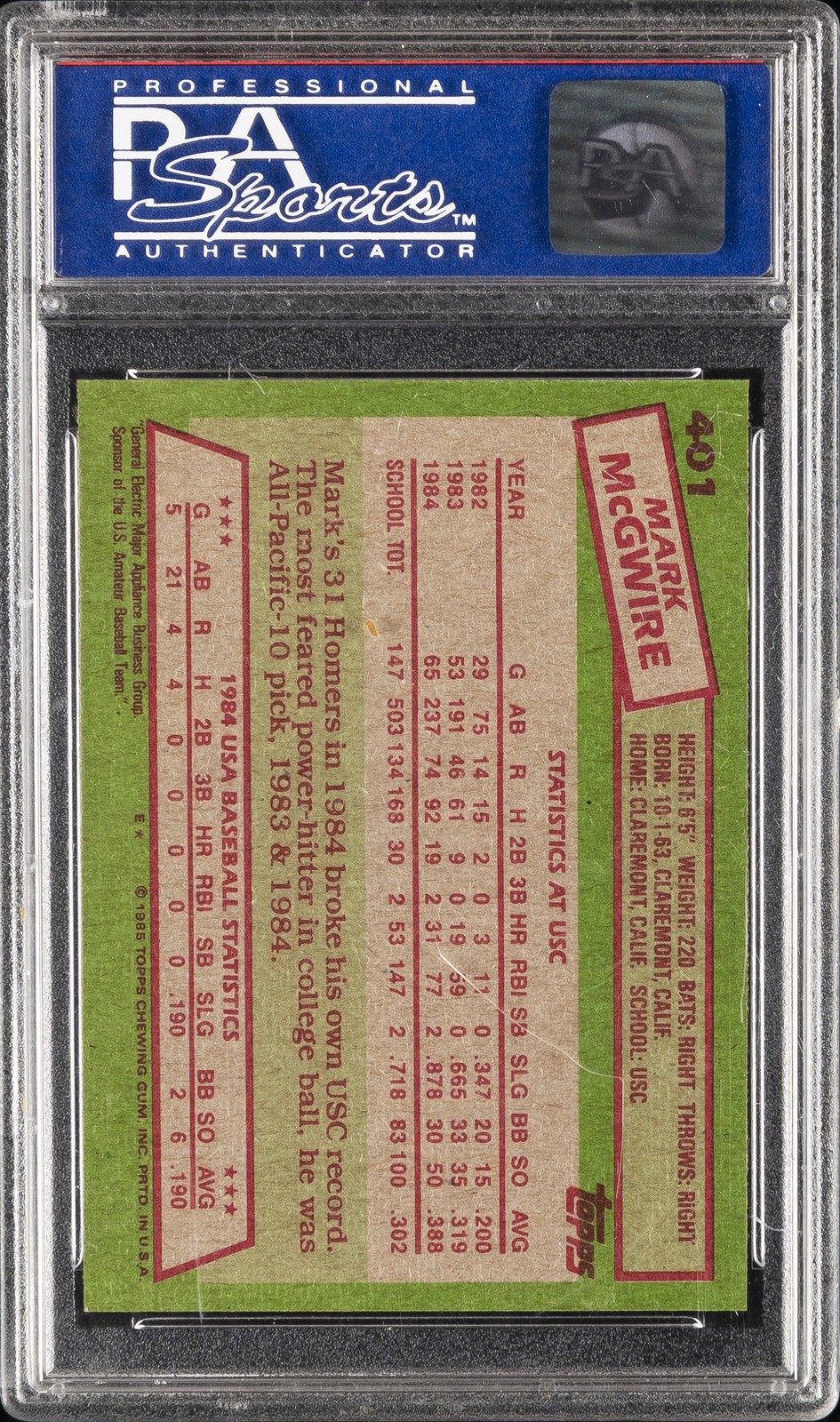 1985 TOPPS 1984 USA BASEBALL TEAM #401 MARK MCGWIRE PSA 9 view 2