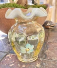 Fenton Glass Blue Daisy Autumn Gold Opal Ruffled Vase 5”  No Damage Signed