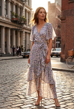 GUC ASTR The Label Long Tiered Ruffle Flowy Romantic Floral Wrap Dress Sz S