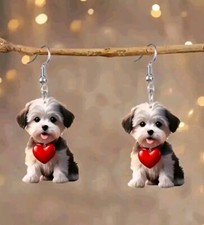 New Adorable Puppy Dog Heart 2D Double Sided Image Acrylic Earrings w/Gift Bag