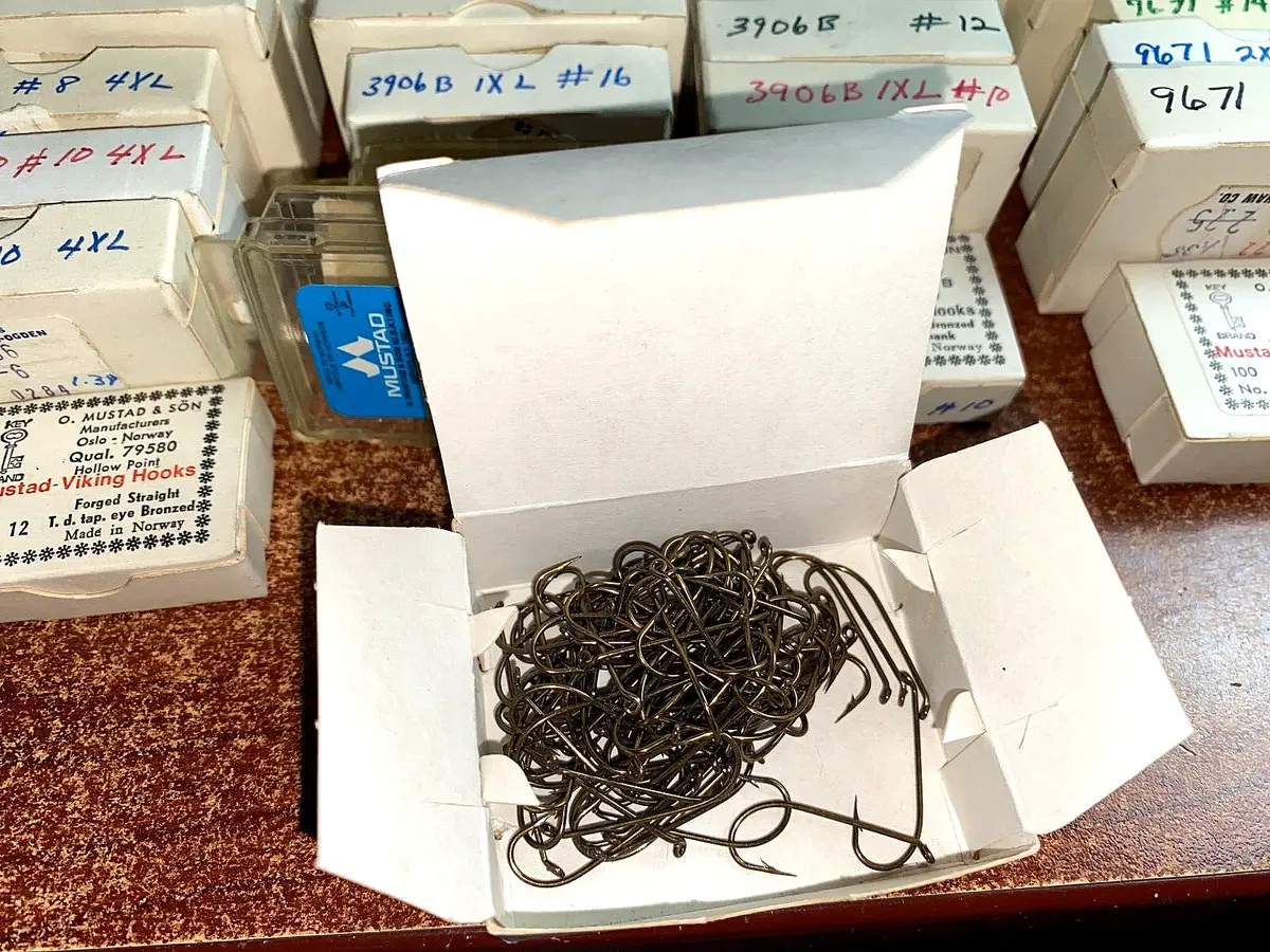19 Vintage Original Boxes of Mustad Fly Tying Hooks All Sizes One Lot