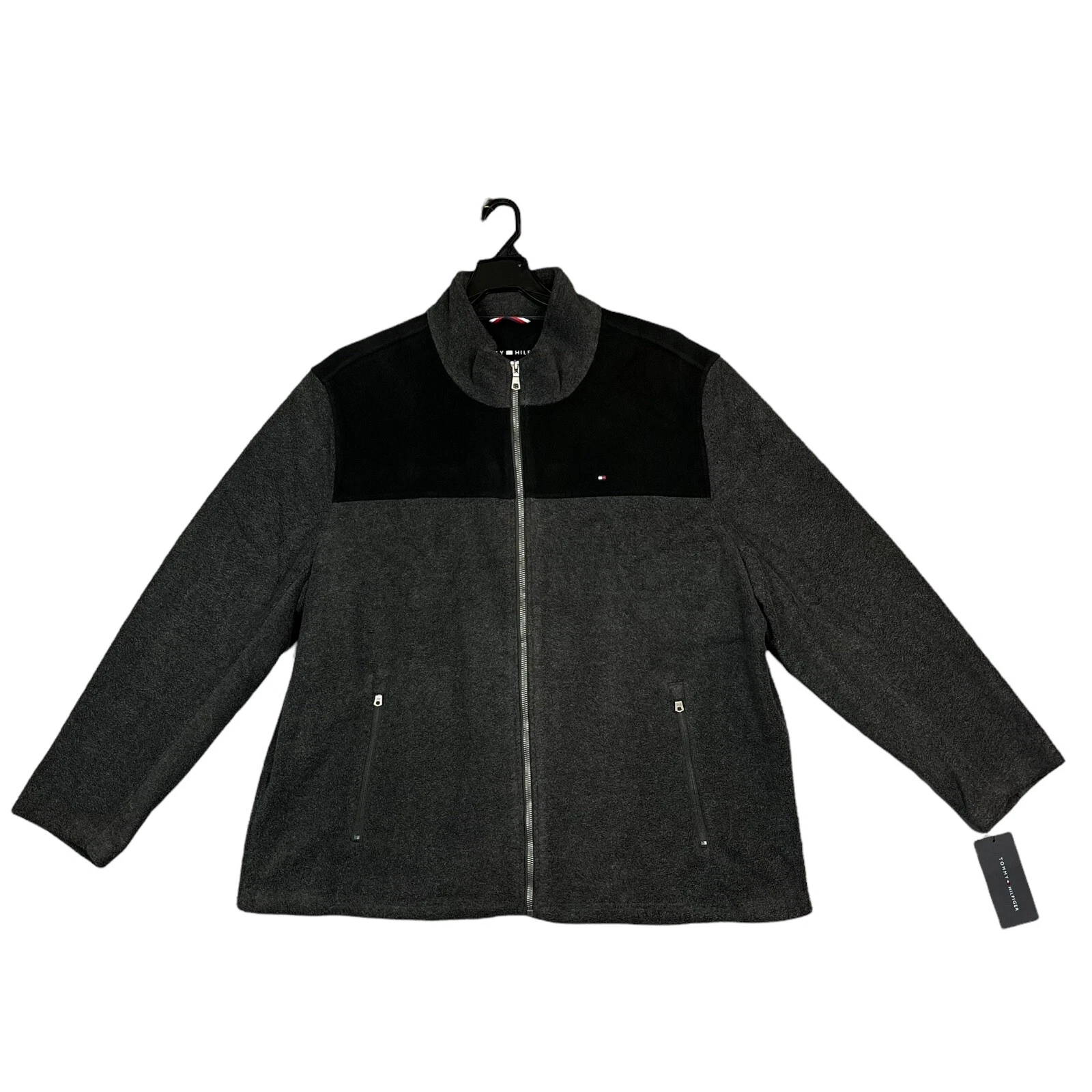 Tommy Hilfiger Mens Full Zip Polar Fleece Jacket 2XL Gray Black Zippered Pockets