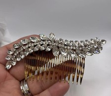 Vintage Prong Set clear Rhinestone faux tortoise Plastic hair comb