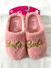 Mattel Barbie Pink Plush Fuzzy Slip-On Slippers Girls size 3.5/ 4.5 womens sze 5