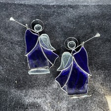 Vintage Stained Glass Cobalt Blue Angel with Trumpet Tealight Holder Pair Of 2