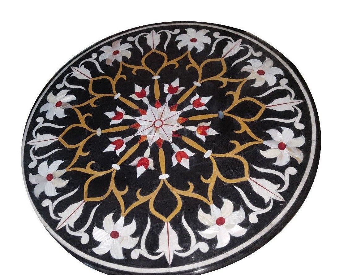 36-inch Marble Table Top with Semi-Precious Stone Pietra Dura Inlay for Home Decor