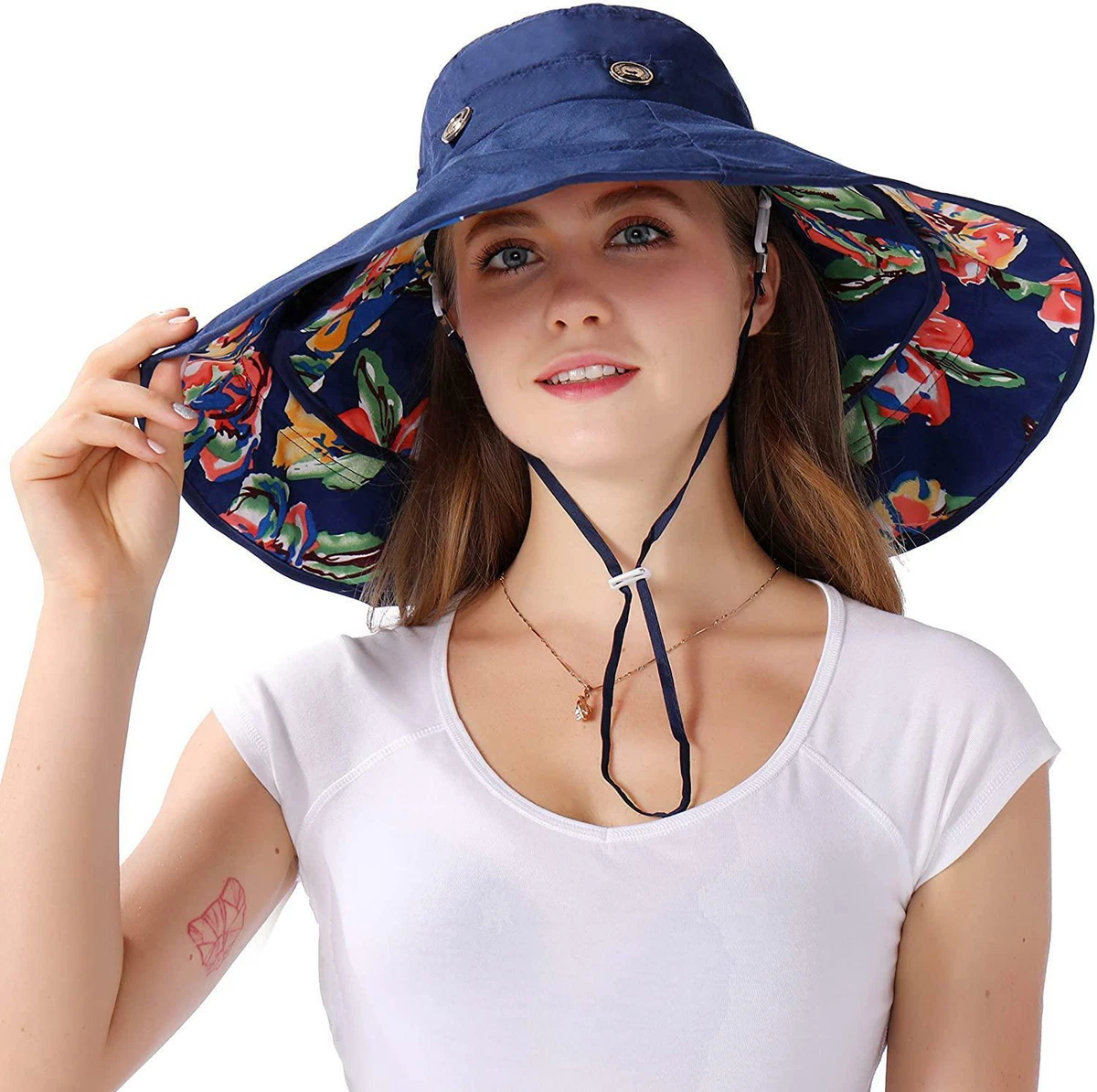 iHomey Women Extra Large Brim Sun Hats Packable Flower Sun Cap Reversible  UPF 50+ Sun Protection Travel Beach Bucket Hat