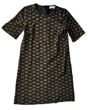 Ann Taylor LOFT Shift Short Sleeve Dress Women's Size XS Black Gold Floral Fan