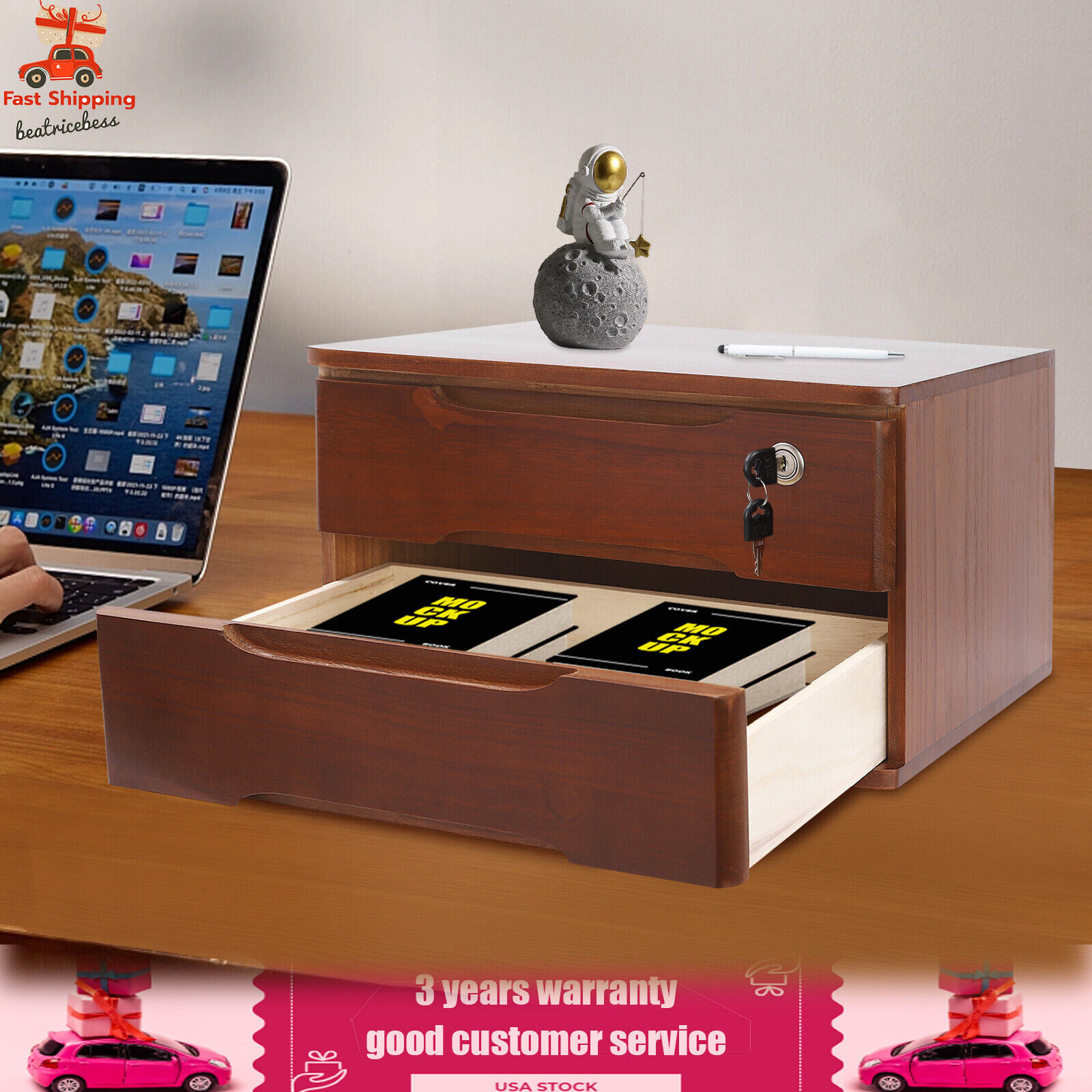 2-Tier Tung Wood Desk Organizer with Lockable Drawers for Home Office Walnut