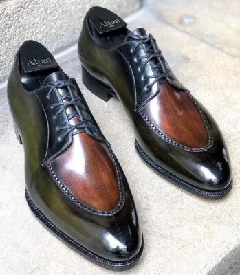 Men's Handmade Cowhide Brown and  Black Leather  Plain Chisel Toe Dress Shoes