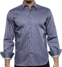 Luchiano Visconti Casual Stretch Men`s Triangles Navy Satin Shirt Large