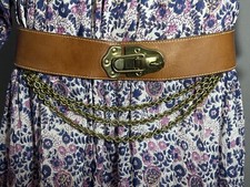 Vintage DKNY Leather Belt Brass Flip Lock Multi Chains Boho Wide Belt