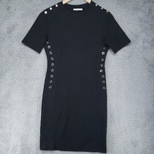 Zara Trafaluc Black Midi Bodycon Dress Womens M 17-18 With Metal Rings Sleeves