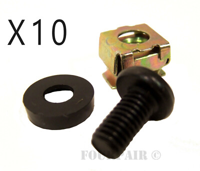 10 Pack Lot - M6 Rack Mount Cage Nuts, Screws, & Washers - Square Clips Server
