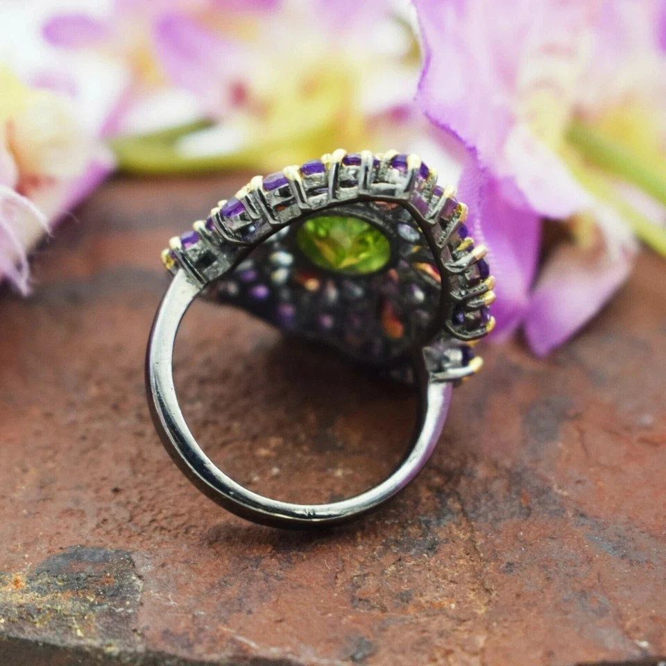 Natural Peridot 925 Sterling Silver Multi Gemstone Cluster Ring Wedding Jewelry - Image 2 of 4