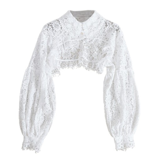 Women Puff Long Sleeve Lapel Half Top Eyelash Floral Lace Detachable
