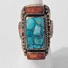 Vintage Tibetan Brass Ring Turquoise Red Coral Inlay Size 7