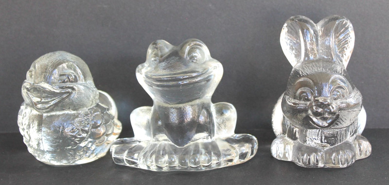 Lot Of 3 Clear Glass Small Paperweights Frog (Goebel), Bunny and Bird Figurines