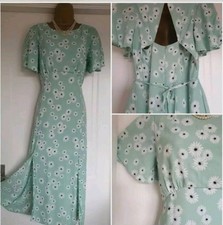 Vintage 1930s 1940s Style Floral Daisy Mint Green Cape Midi Party Dress Size 14