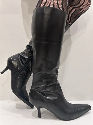 George Black Leather Knee High Mid Heel Pointed Toe Y2K Boots UK5 EU38