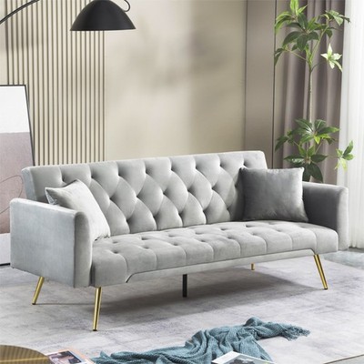 Velvet Futon Sofa Bed 2 Pillows Modern Convertible Futon Couch Adjustable Back