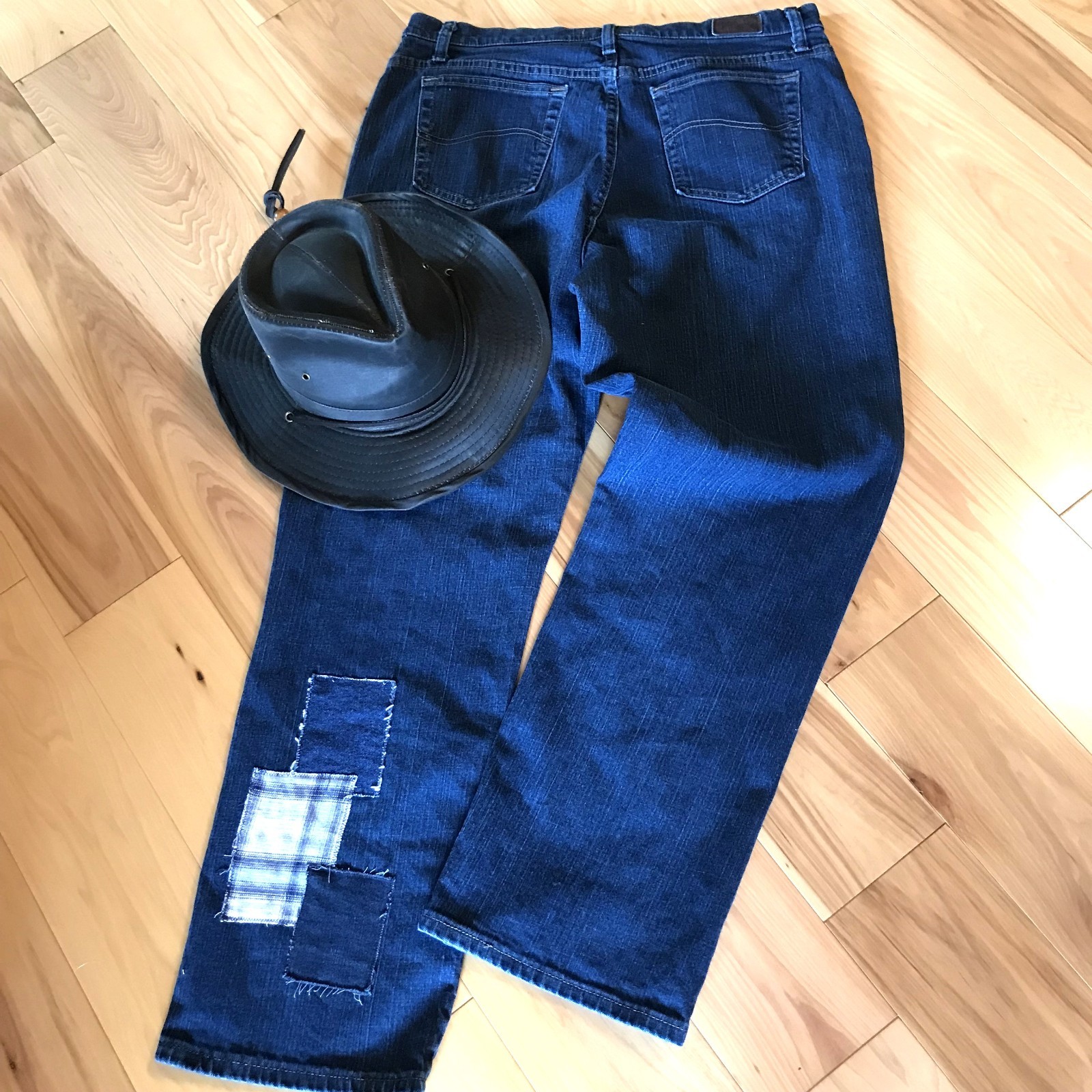 Upcycled Flannel Patchwork Jeans Navy Burgundy Pl… - image 7