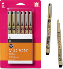 SAKURA Pigma Micron Fineliner Pens, 05 Tip Size, Archival Black Ink, 6PK 50038