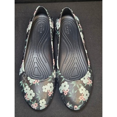 Crocs Kadee Floral Flat Shoes Black Mint Pink Flowers Womens Size 8 205865-0C1