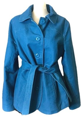 LL Bean Coat Womens LG Peacoat Blue Cotton Button Up Belted Collared Jacket Y2K