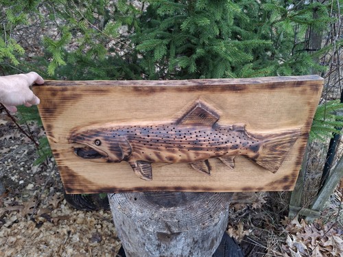Chainsaw Carved Trout Fly fishing Wall art Wood Carving Fish Rustic Decor Salmon - Picture 22 of 24