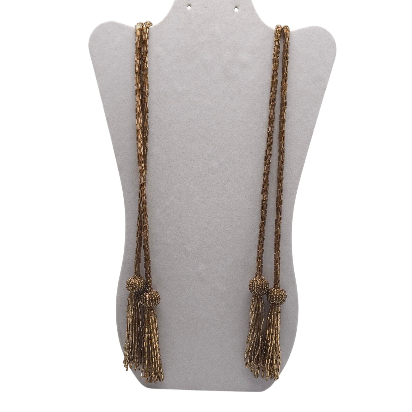 Vintage Two Gold Glass Seed Bead Art Deco Tassel Sautoir Necklace