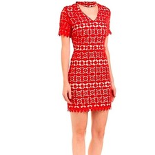 JOA Women's Choker Neck Lace Dress red lace overlay nude lining v-neck L NWT
