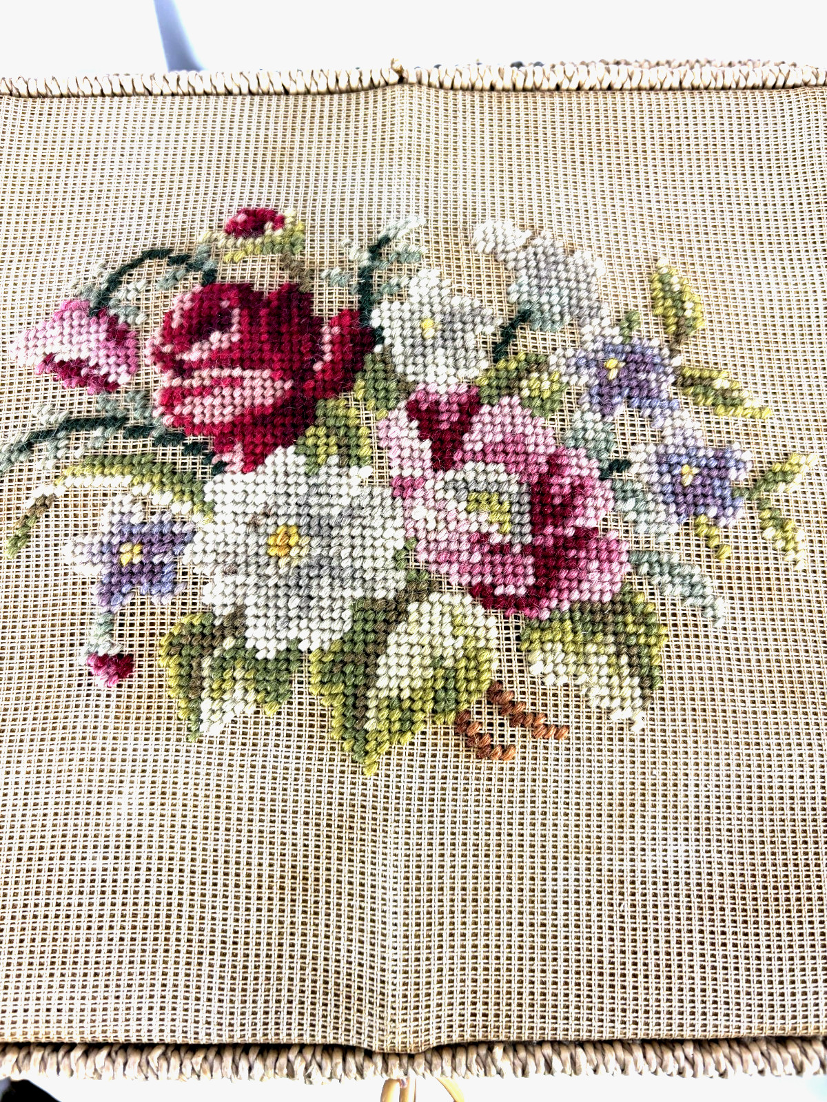 Vintage Penneys sewing basket needlepoint on legs