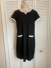 Talbots Women Midi Dress Size 14 Black White Pockets Fringe Preppy Old Money
