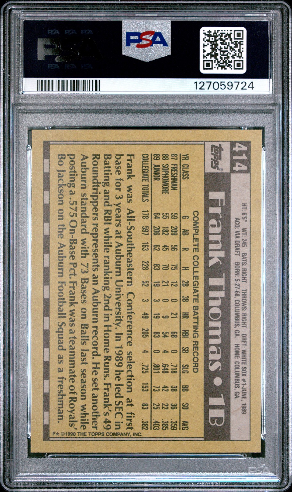 1990 TOPPS NAME ON FRONT #414 FRANK THOMAS ROOKIE RC PSA 10 view 2