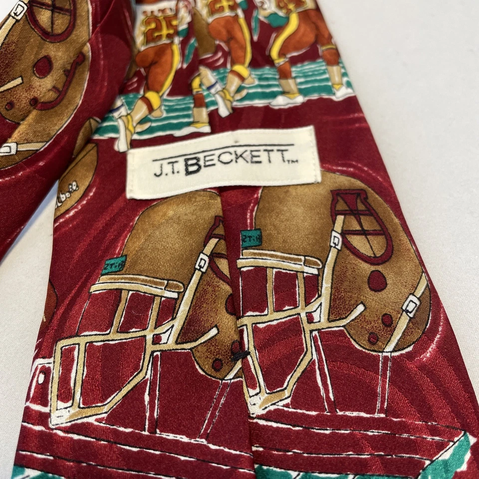 J T Beckett Football Motifs Watercolor Printed Silk Mens Neck Tie Made in USA - Image 4 of 4