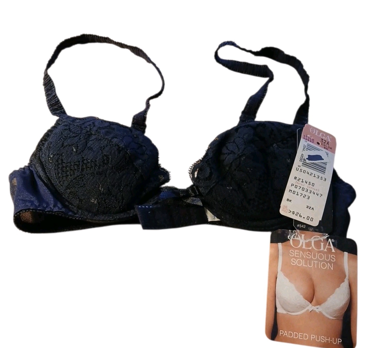 Vintage Bra 32A Olga 33447  Black Underwire Padded Lace Cup Sensuous Solutions