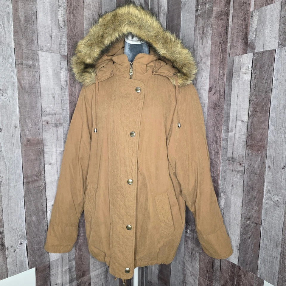 Abrigo Design & Co Lane Bryant marrón tostado capucha de piel sintética para mujer talla 18/20 regalo Foto 2 de 4