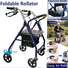 Foldable Lightweight Rollator Mobility Walker 4 Wheeled Walking Aid w/ Seat Bag