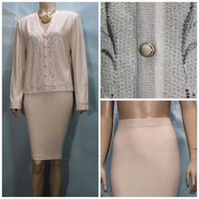 St. John Evening Off White Jacket Skirt L Size 12 14 2pc Suit Embroidery Jeweled