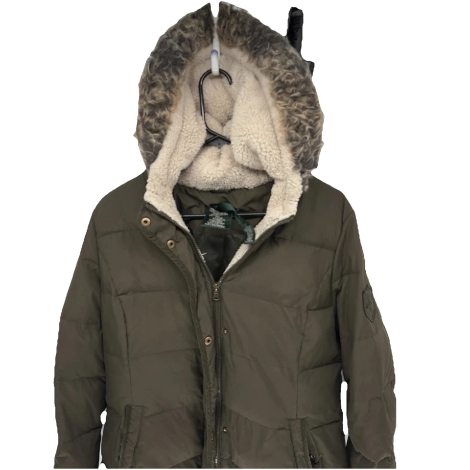 Polo Ralph Lauren Green Goose Down Puffer Parka Jacket Sherpa Hood Fur Lined M - Image 2 of 4