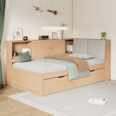 Wood Twin Size L-Shaped Corner Daybed w/Drawers Storage Bookcase & USB Natural
